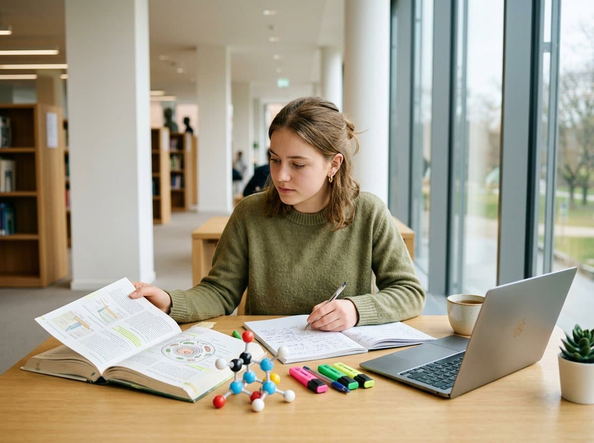 A medicine applicant studies biology and chemistry at a library desk